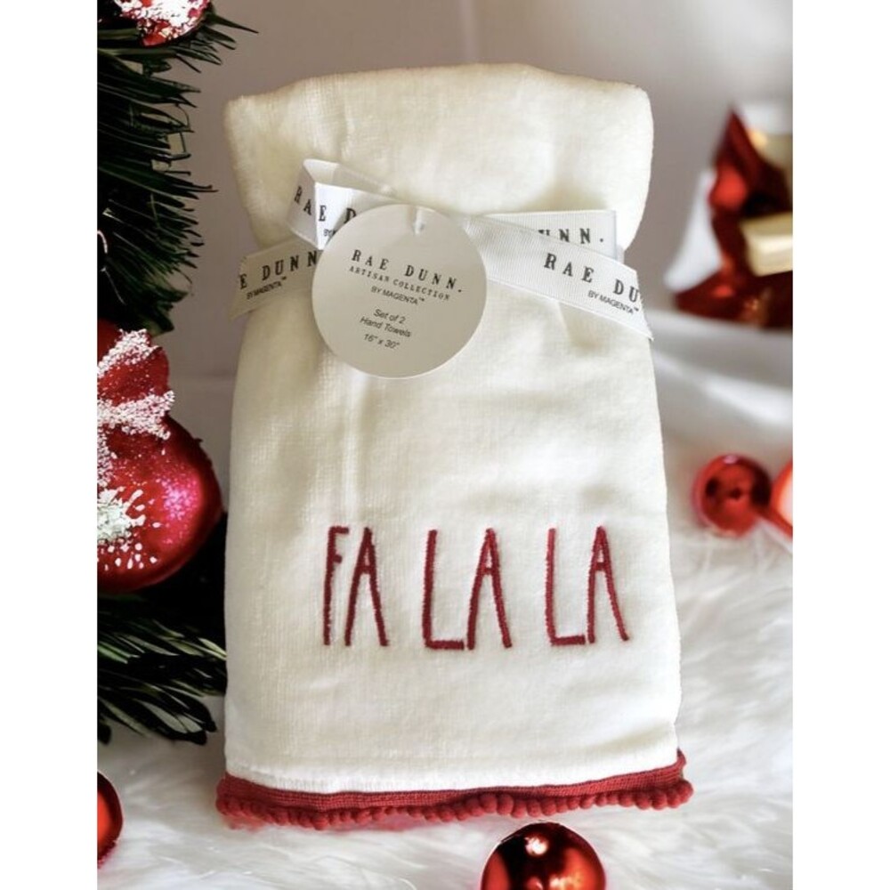 Rae Dunn Christmas Fa La La Hand Towels Set of 2 White Embroidered Guest Bath